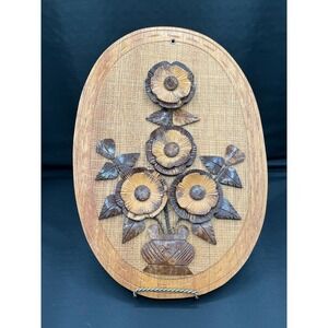 VTG Hand Carved Wood‎ Woven Raffia Oval Wall Plaques-Philippines 13.5" As Is
